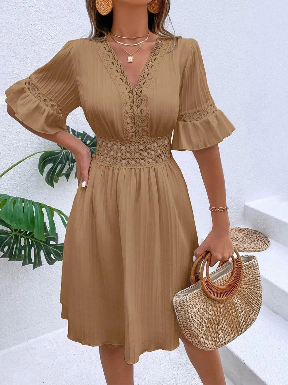 Cutout V-Neck Flounce Sleeve Mini Dress – Ruffled Lined Style