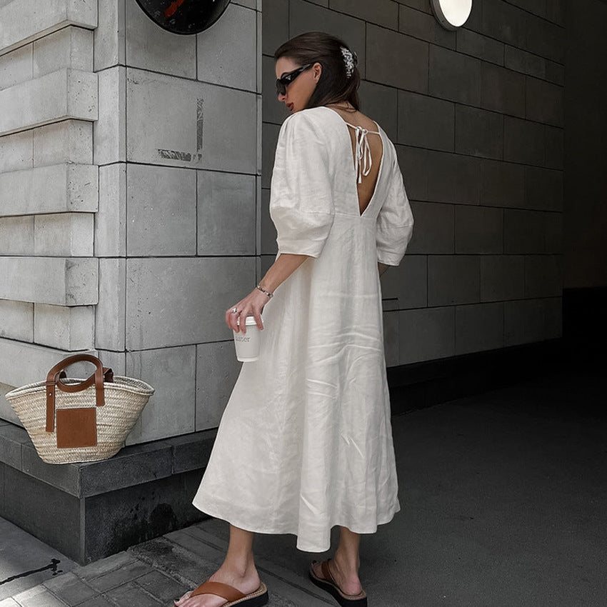 V-Neck Bubble Sleeve Loose Midi Dress in Cotton Linen