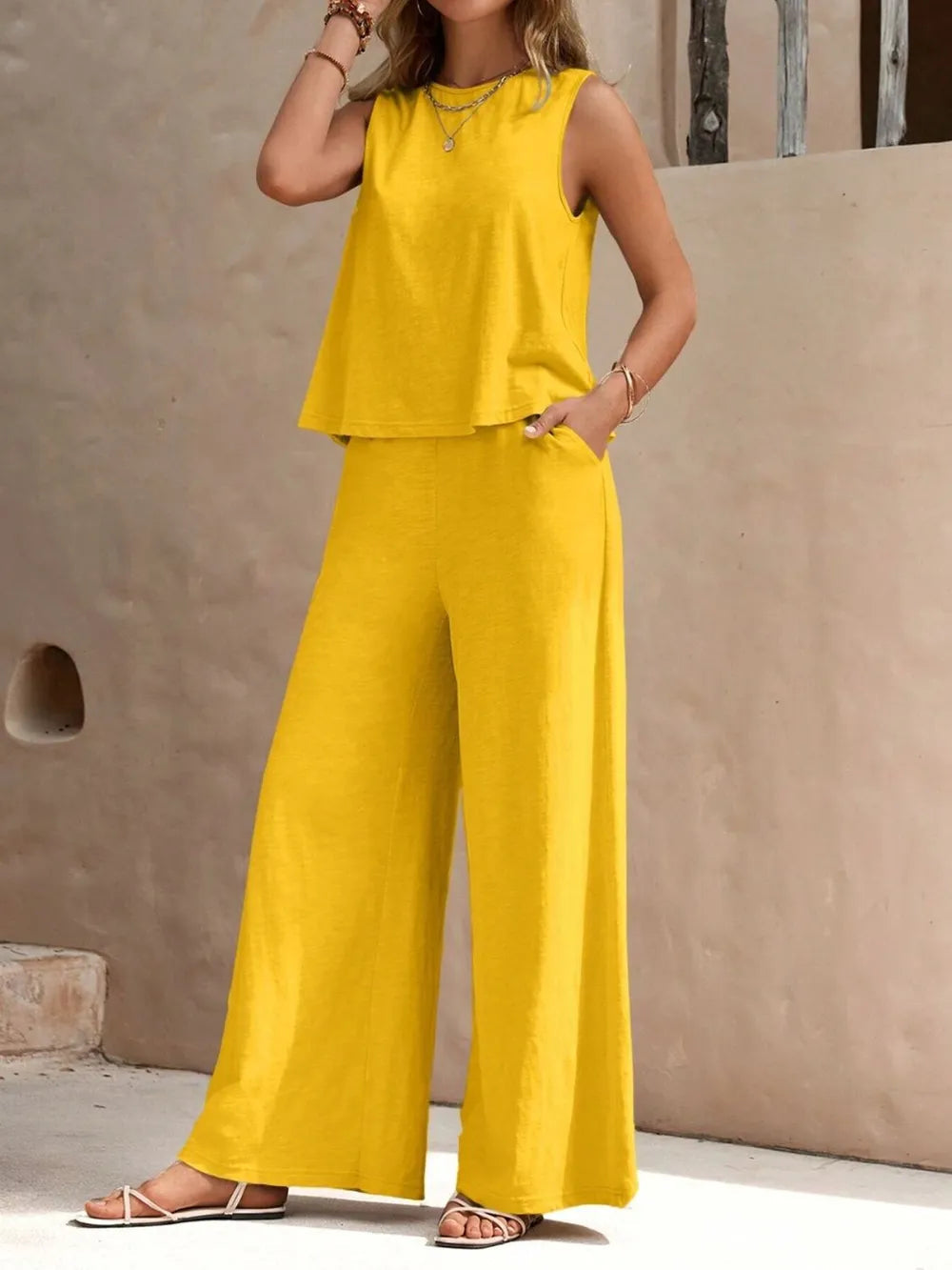 Round Neck Sleeveless Top & Wide Leg Pants Set – Two-Piece