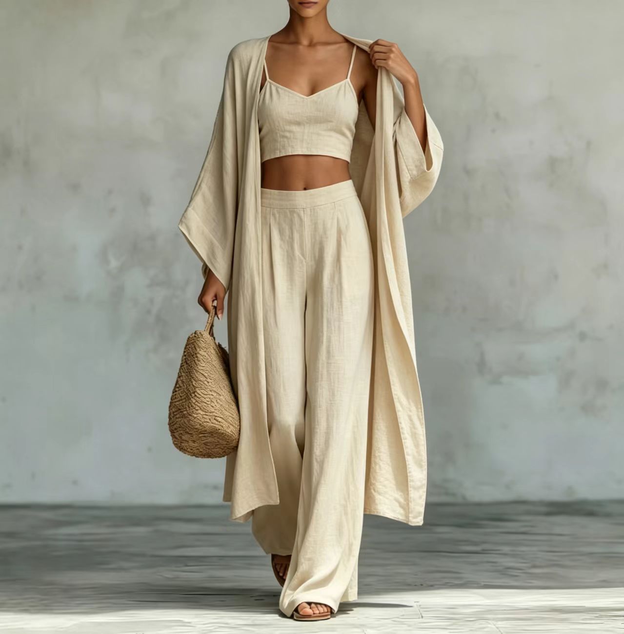 Loose Cardigan & Strap Top High Waist Wide Leg Pants Set – 3-Piece