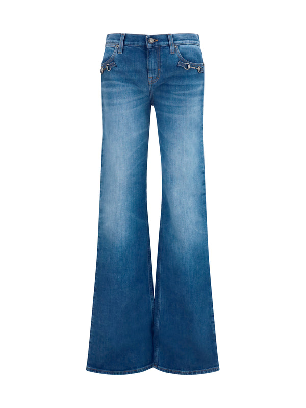Stretch Cotton Jeans With Horsebit Blue