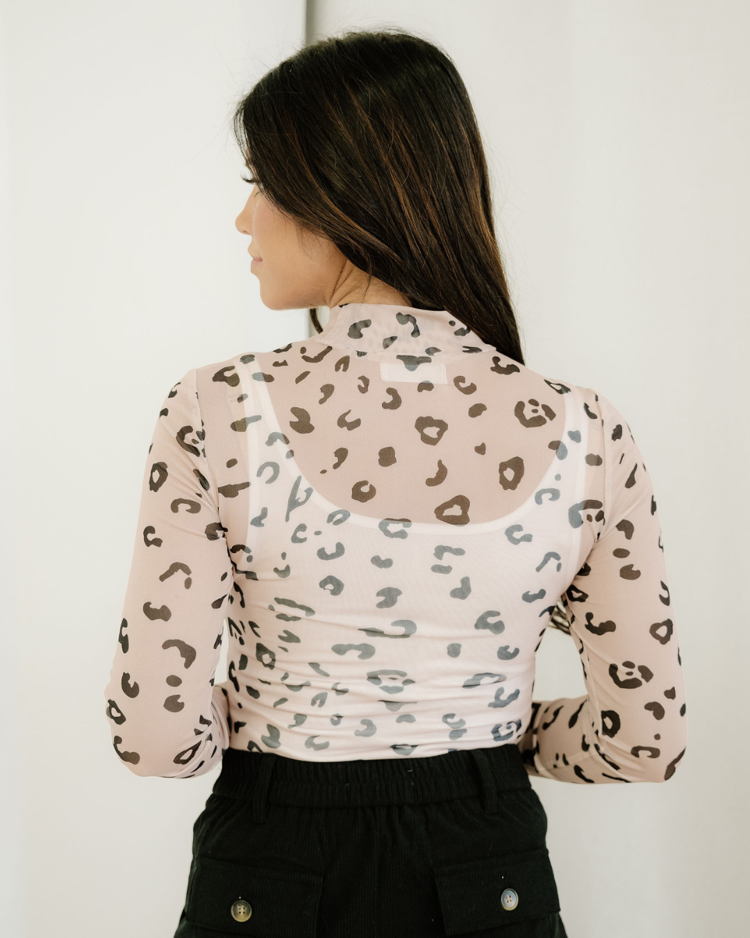Oaklynn Mock Neck Sheer Mesh Leopard Long Sleeve Bodysuit