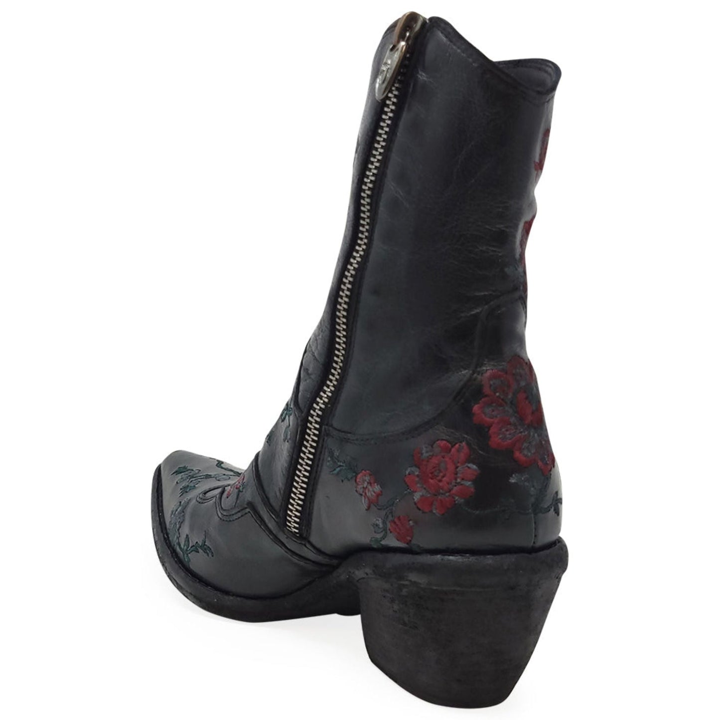 Black Leather Embroidered Ankle Boot