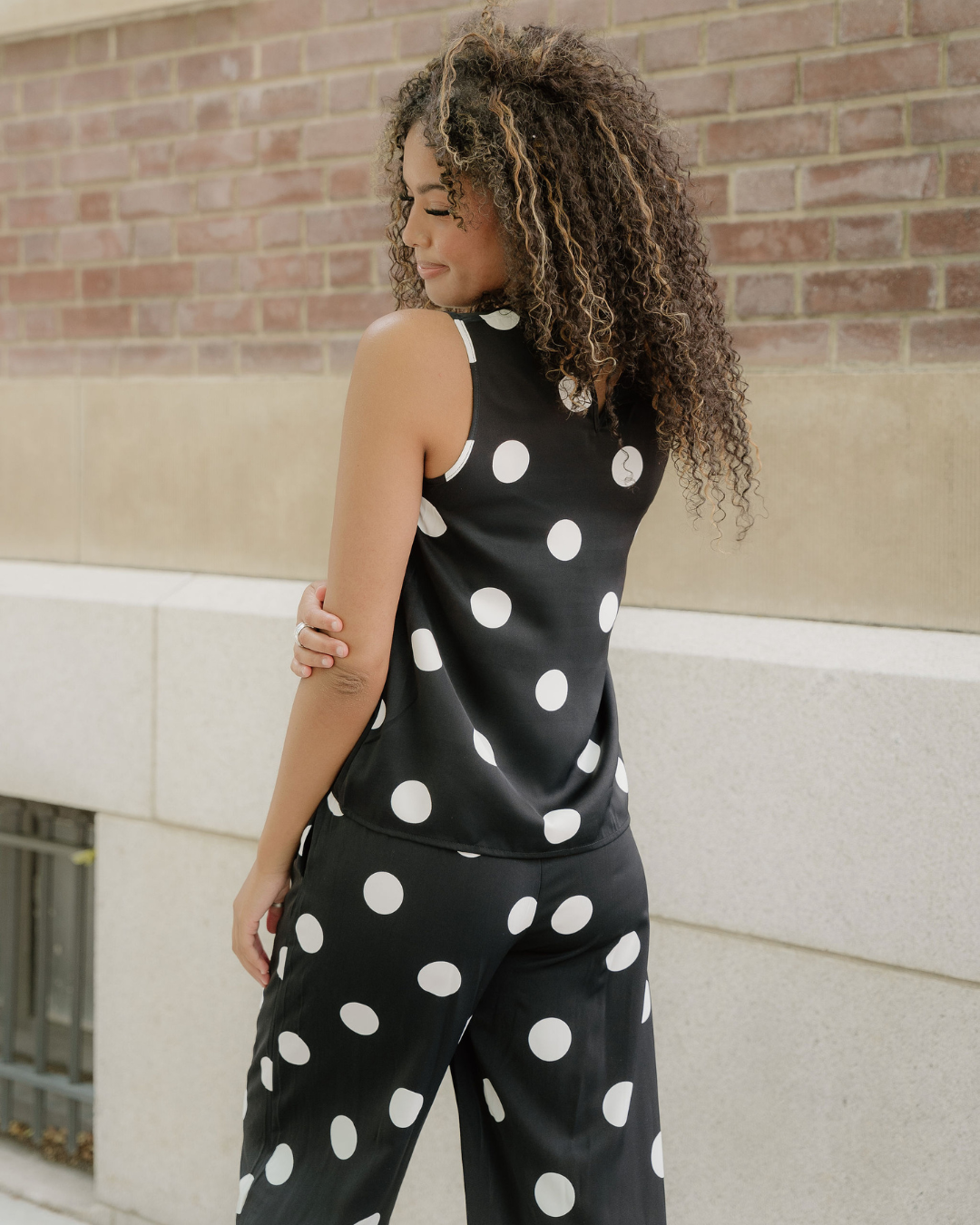 Paris Polka Dot Print Pleated Round Neck Tank Wide Leg Two-Piece Outfit