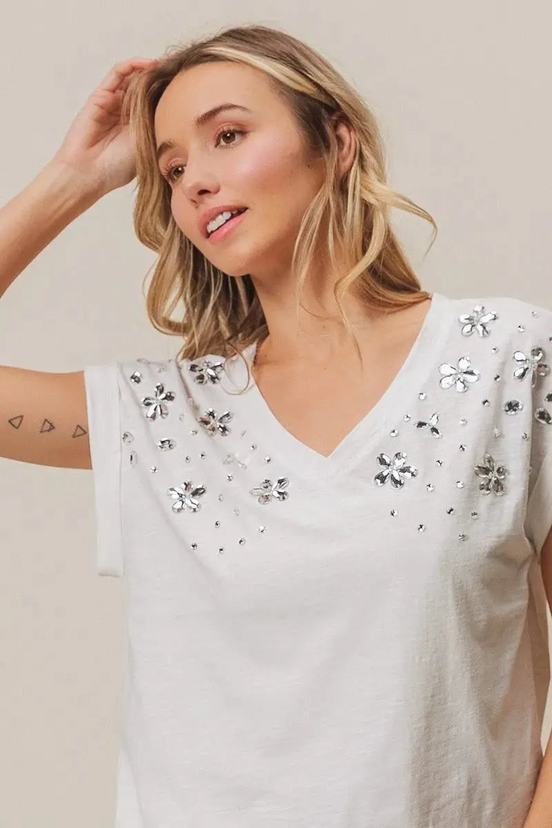 Women's Top - Slub Rhinestone V-Neck - Comfy Fit