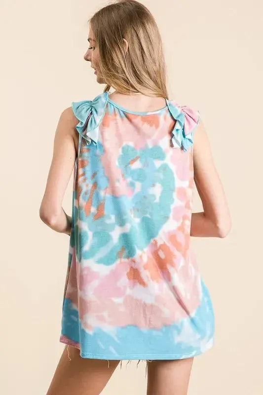 Women's Tank Top - Tie Dye Knit V-Neck Ruffle - Casual