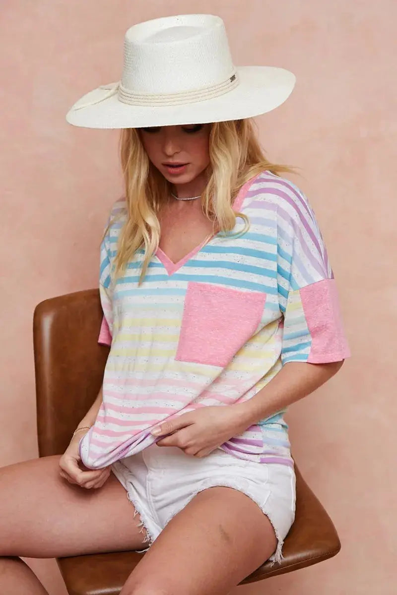 Women's Tee - Rainbow Stripe - Casual Knit Top