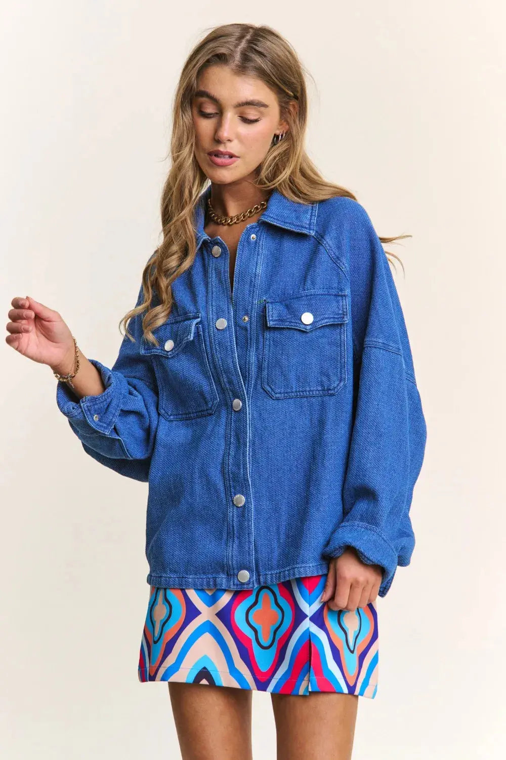 Denim Shacket - Snap Down Long Sleeve - Casual Layering Top
