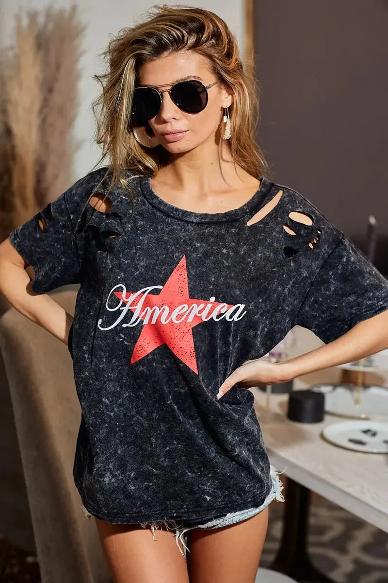 Women's Top - Laser Cut Mineral Wash - Jersey T-Shirt