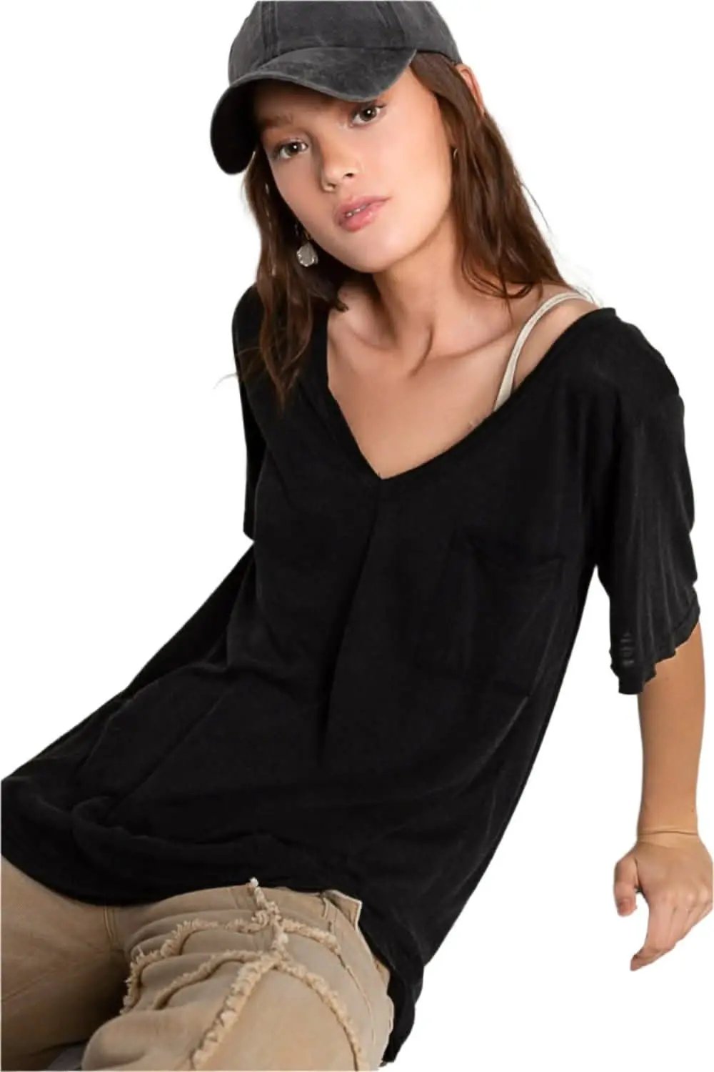 Trendsi V-neck casual tee with chest pocket
