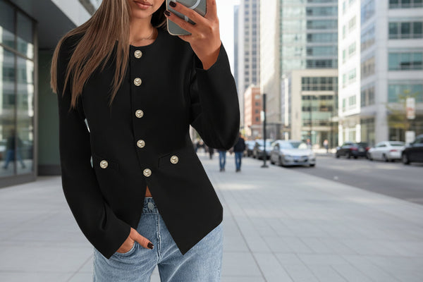 Women’s Round Neck Button Cardigan – Long Sleeve Classic Knit Sweater