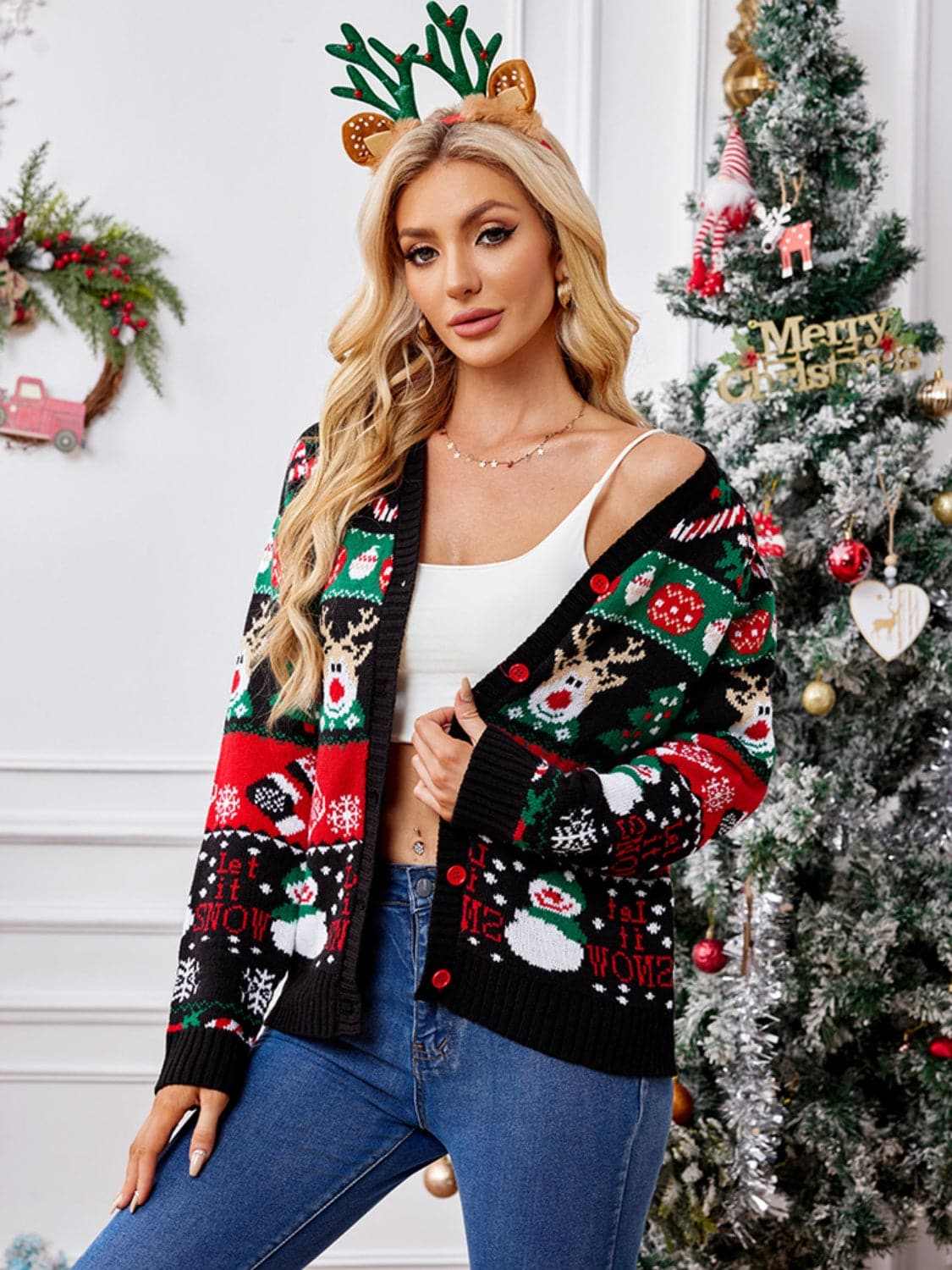 Trendsi Reindeer Print Cardigan for Women