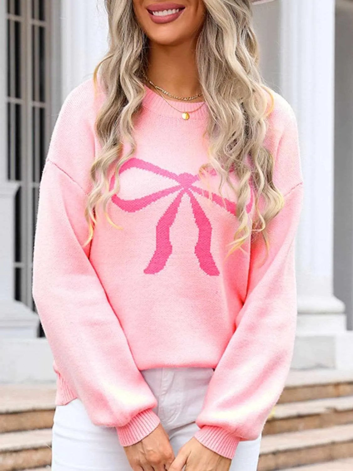 Trendsi Charming bow print long sleeve sweater