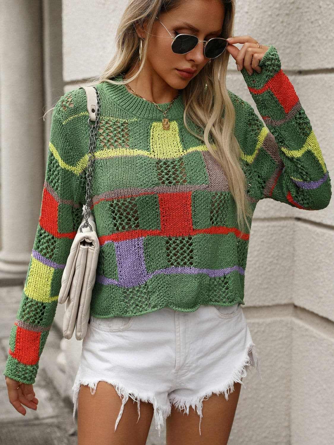 Trendsi Colorful crochet round neck pullover