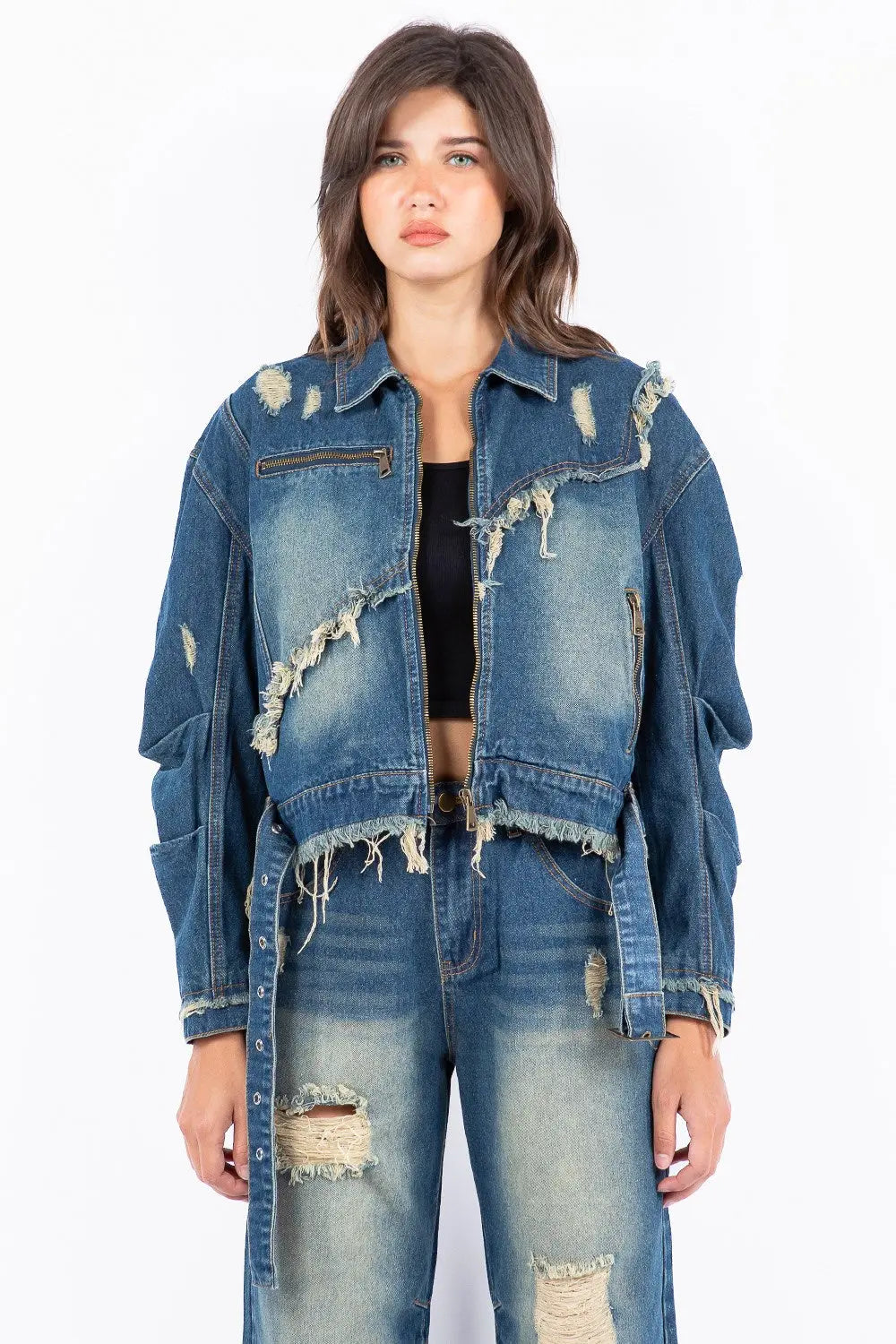 Denim Jacket - Distressed Frayed Edge Zip Up - Plus Size