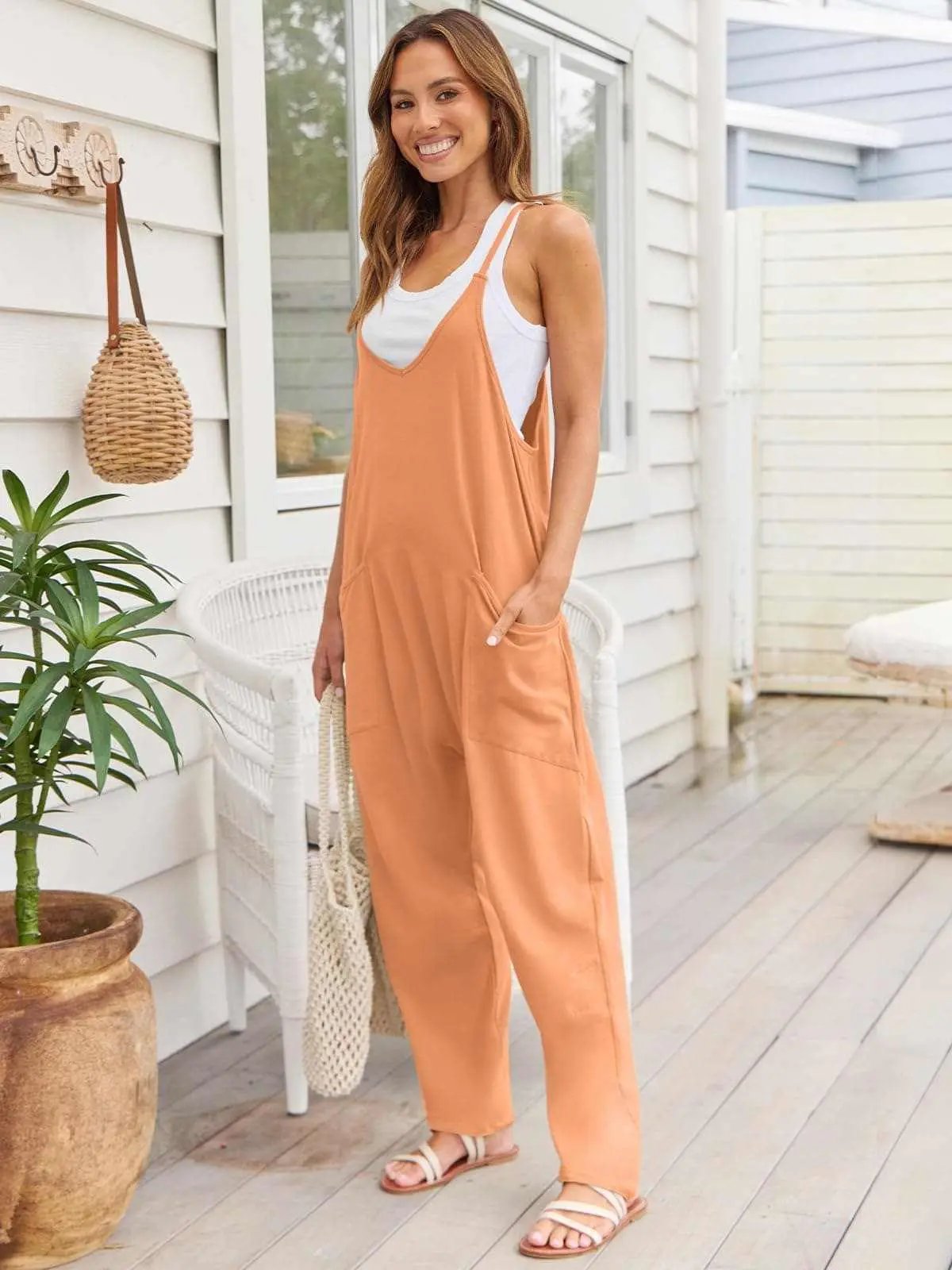 Trendsi V-Neck Jumpsuit Women's Casual Romper Comfy Pocket One-Piece