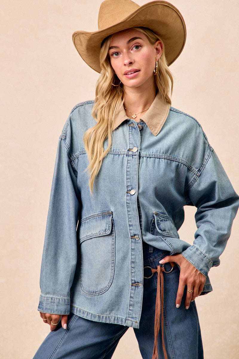 BiBi Washed Denim Contrast Collar Jacket
