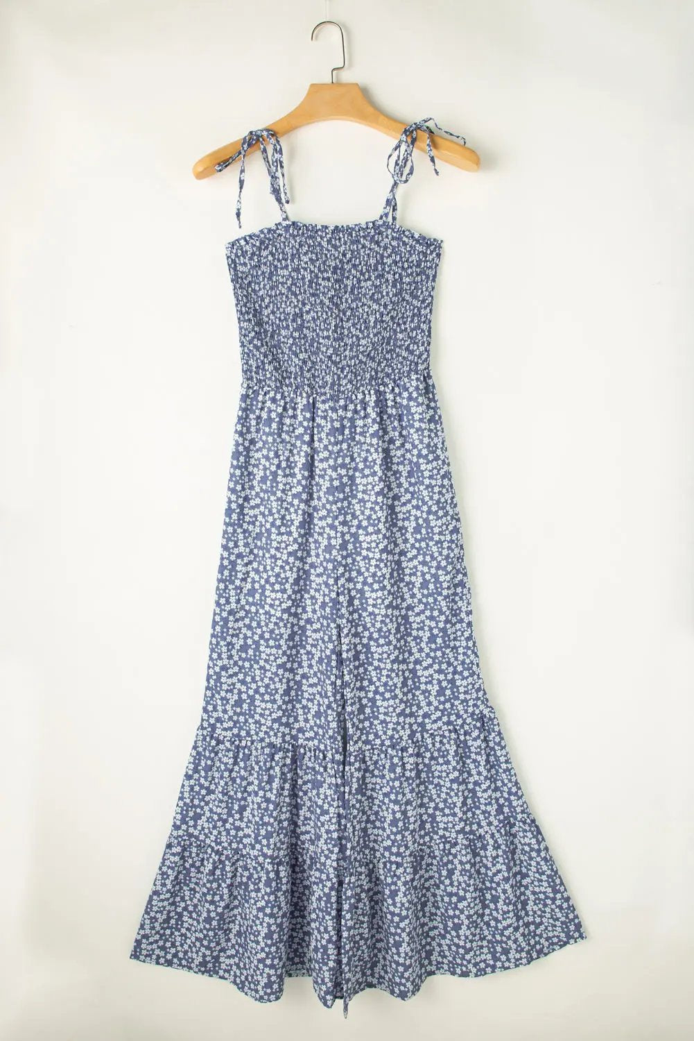 Jumpsuit - Floral Smocked Bodice Wide Leg - Bohemian Vacation