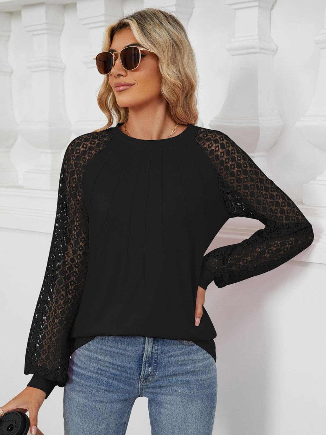 Trendsi Lace long sleeve top in black