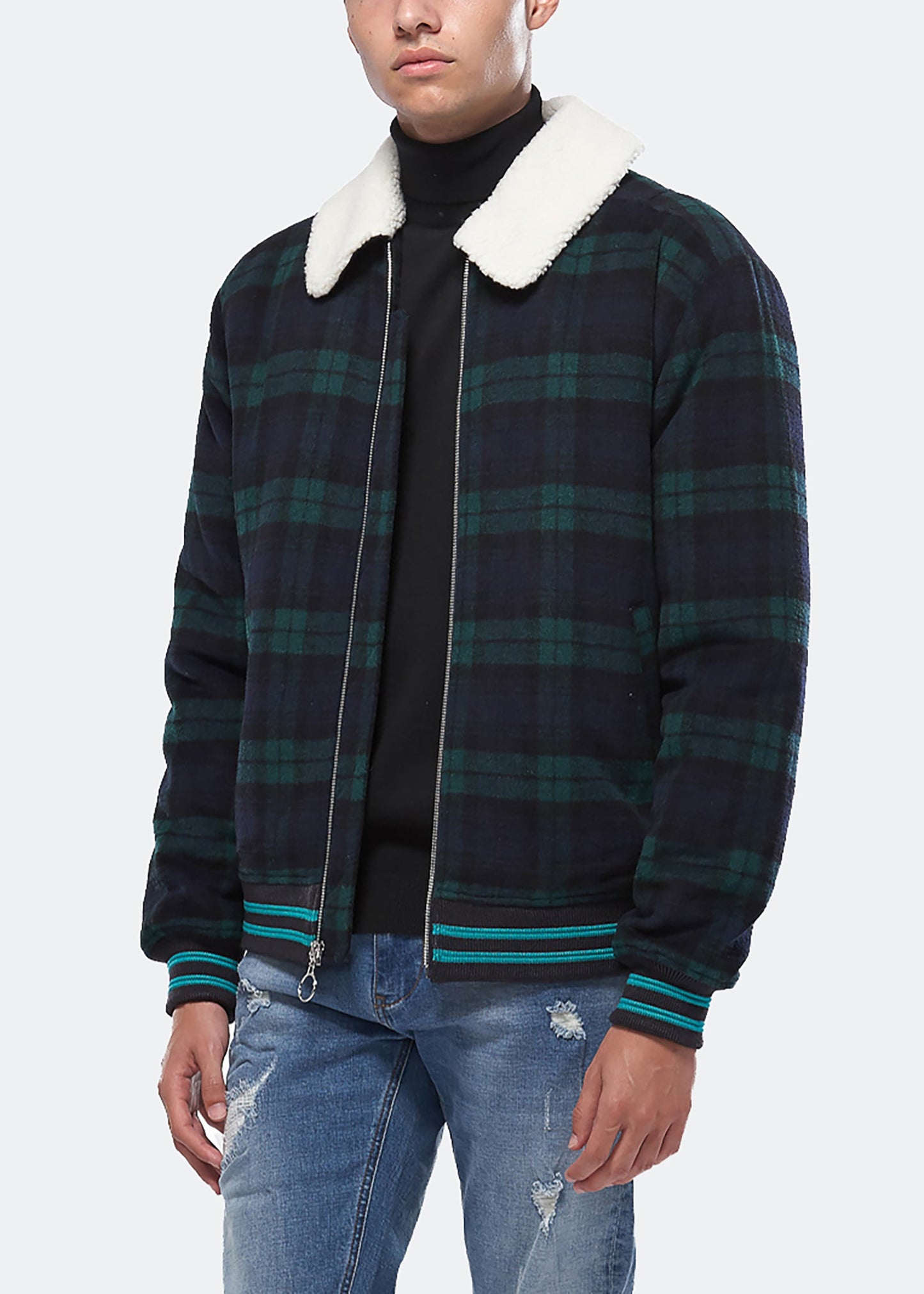 Konus Men's Wool Blend Plaid Jacket with Sherpa Collar in Green