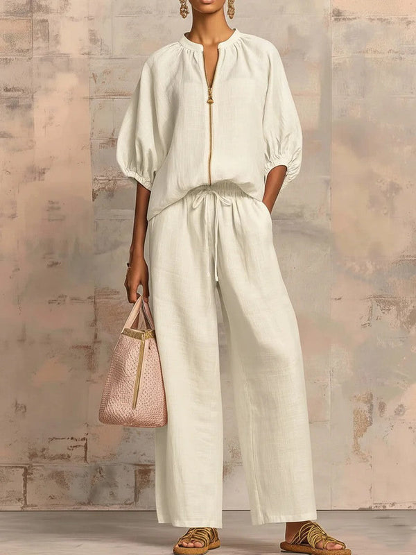 Women's Casual Loose Zipper Round Neck Wide-Leg Pants Set