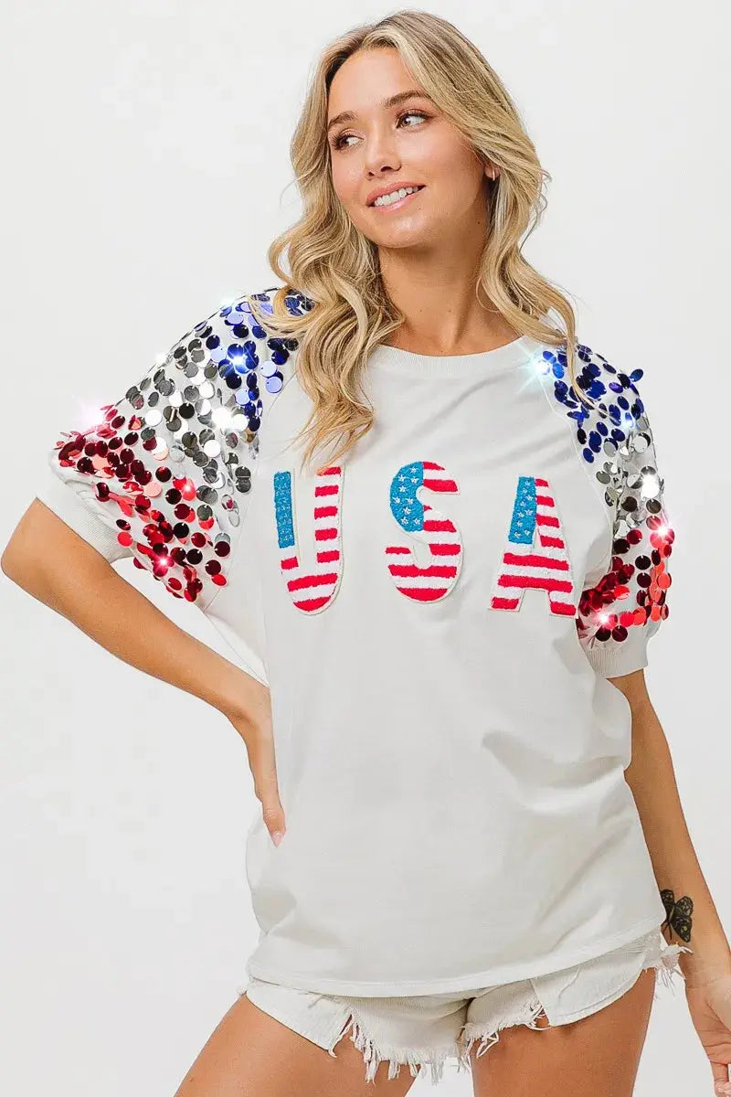 Women's Tee - Sequin American Flag - Patriotic USA Made