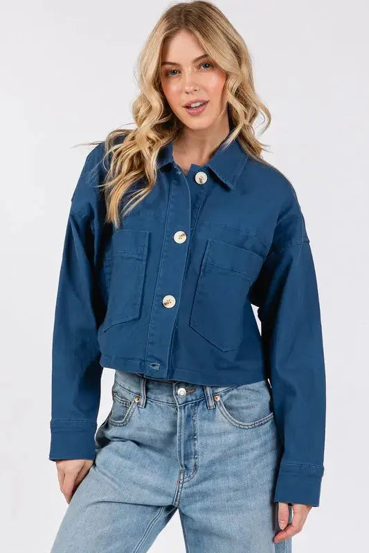 Denim Jacket - Cropped Button Down with Pockets - Women's Casual