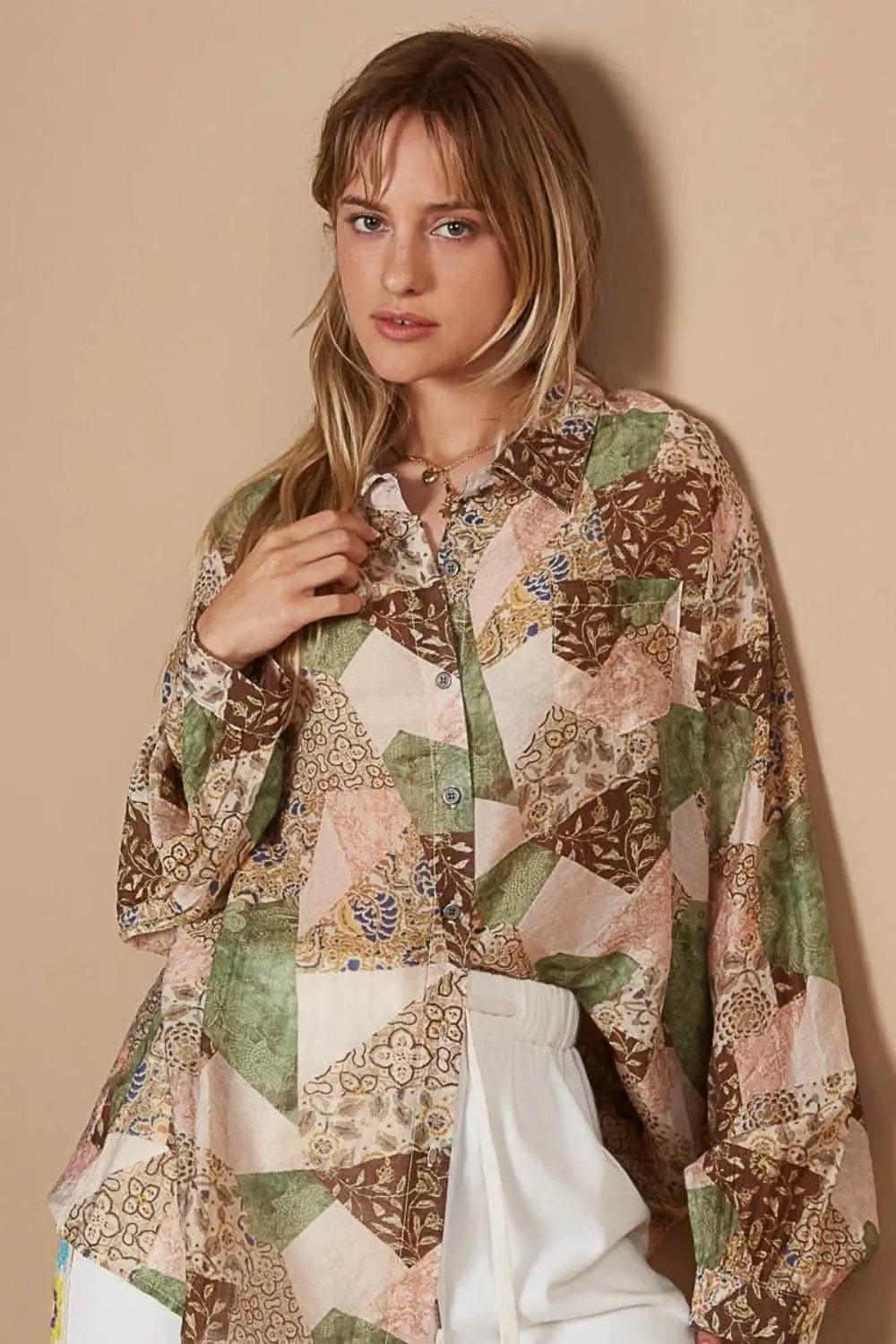 Women's Button-Down Shirt - Printed Long Sleeve - Lightweight Casual