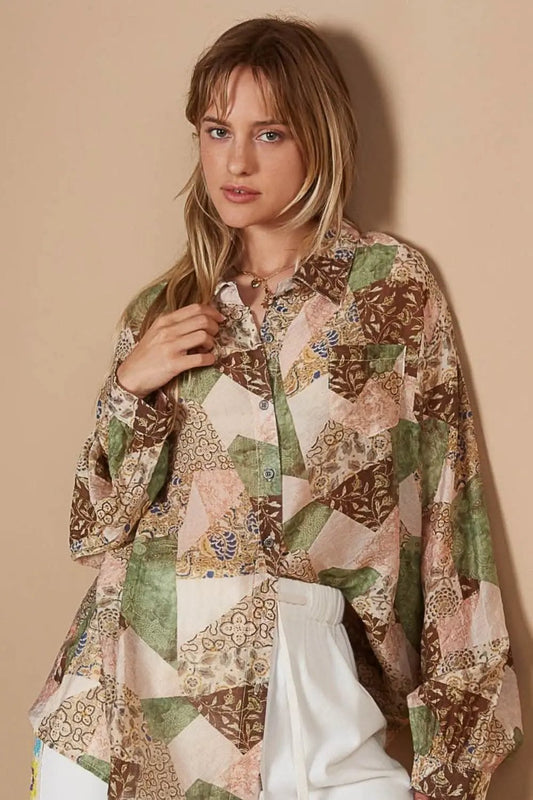 Women's Button-Down Shirt - Printed Long Sleeve - Lightweight Casual
