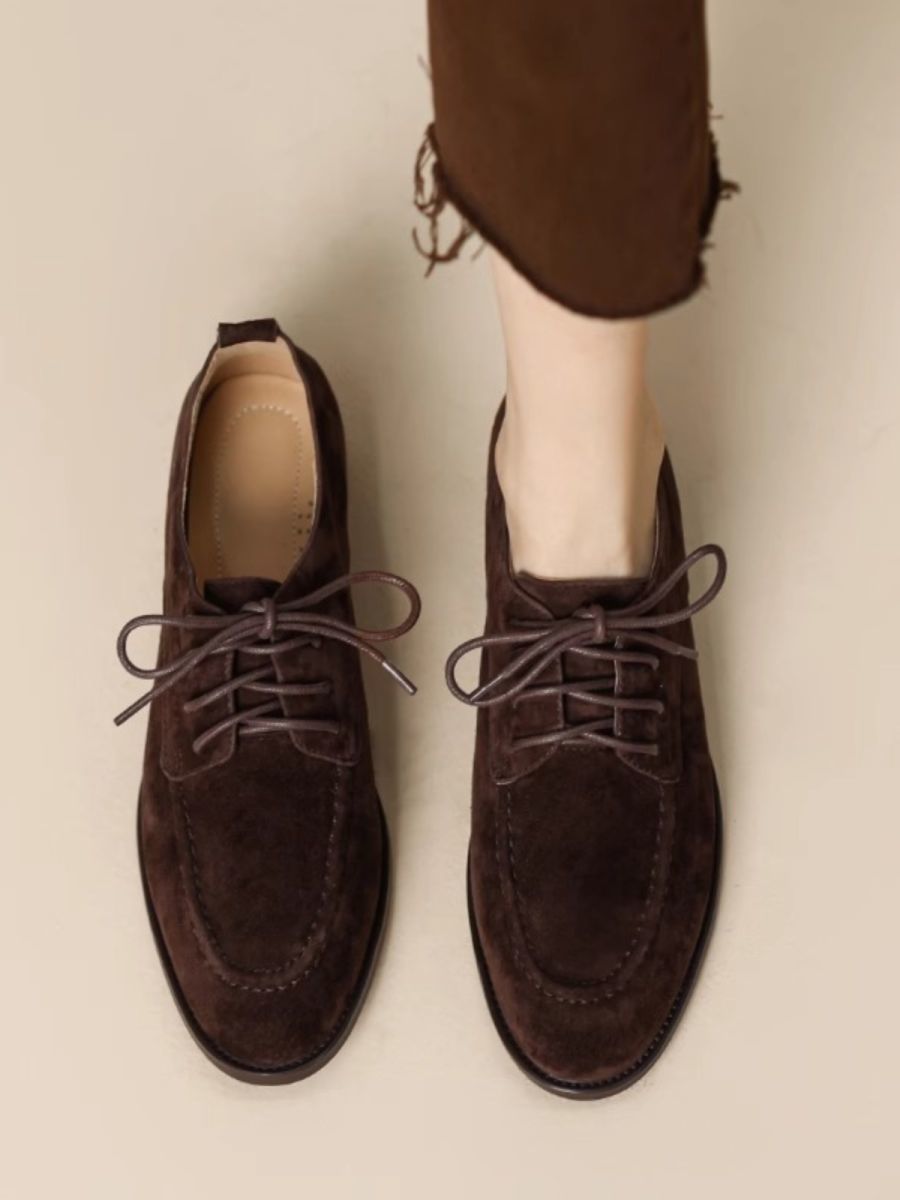 Women's Retro Lace-Up Deep-Mouth Suede Loafer Pumps