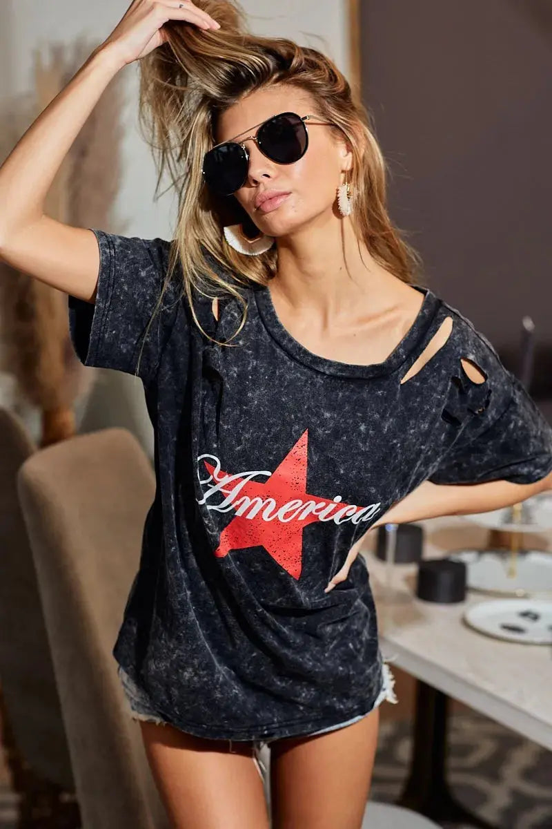Women's Top - Laser Cut Mineral Wash - Jersey T-Shirt