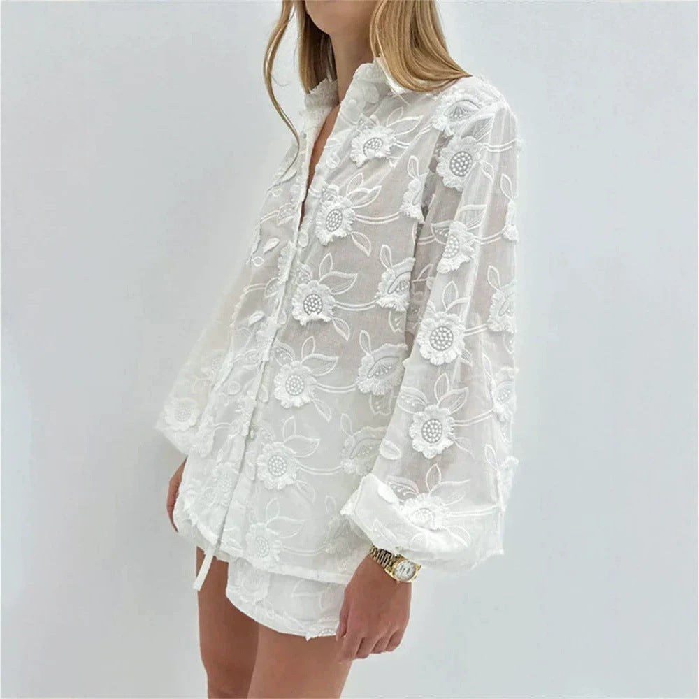 Embroidered Cotton Shirt & Shorts Two-Piece Set