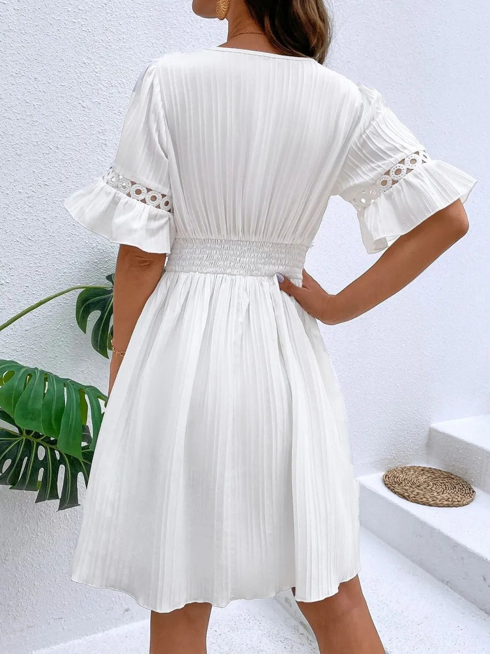 Cutout V-Neck Flounce Sleeve Mini Dress – Ruffled Lined Style