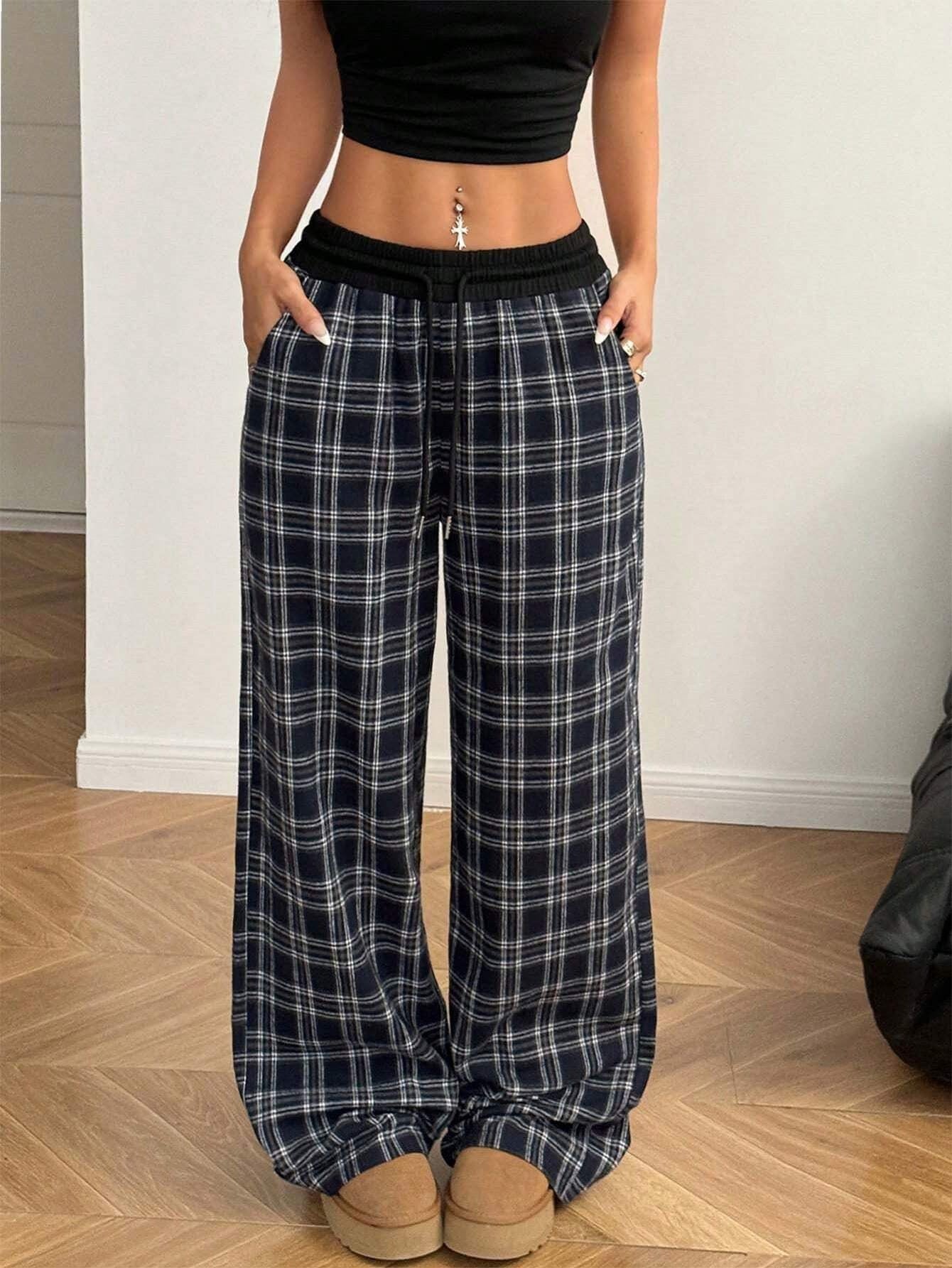 High Waist Plaid Straight Leg Sweatpants – Loose Fit Casual Pants