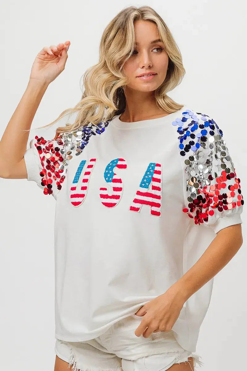 Women's Tee - Sequin American Flag - Patriotic USA Made