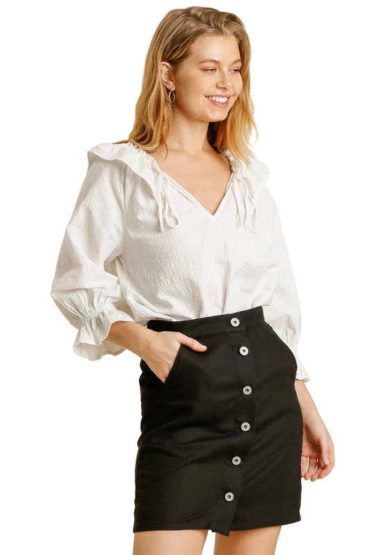 Linen Blend Button Down Skirt with Pockets