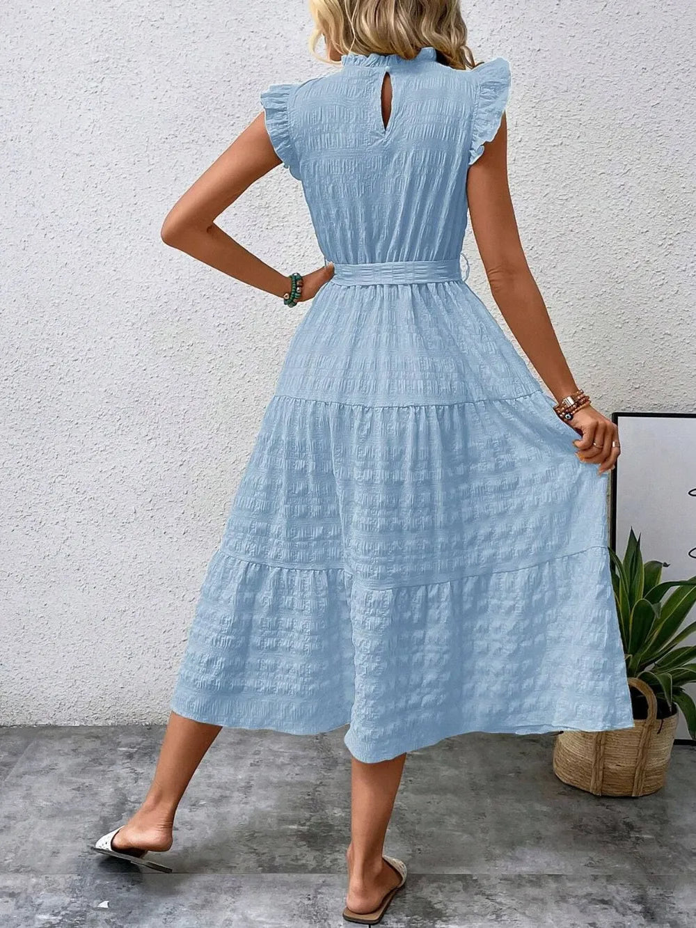 Tied Ruffled Cap Sleeve Midi Dress – Feminine Flowy Style