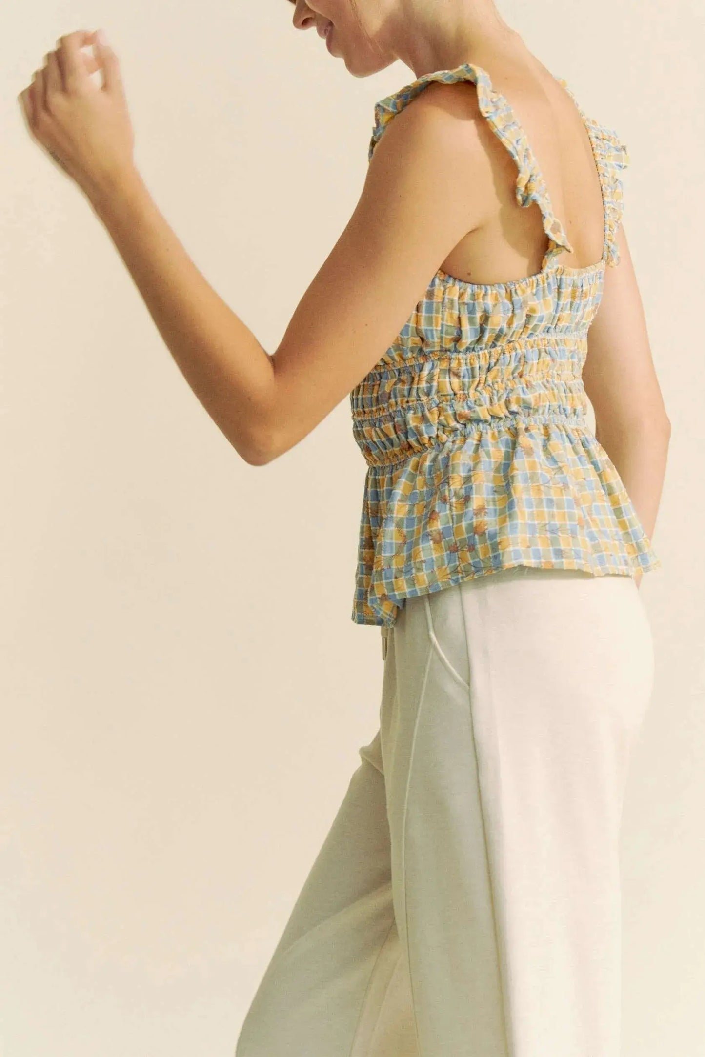 Tank Top - Plaid Smocked Ruffle Strap - Cute