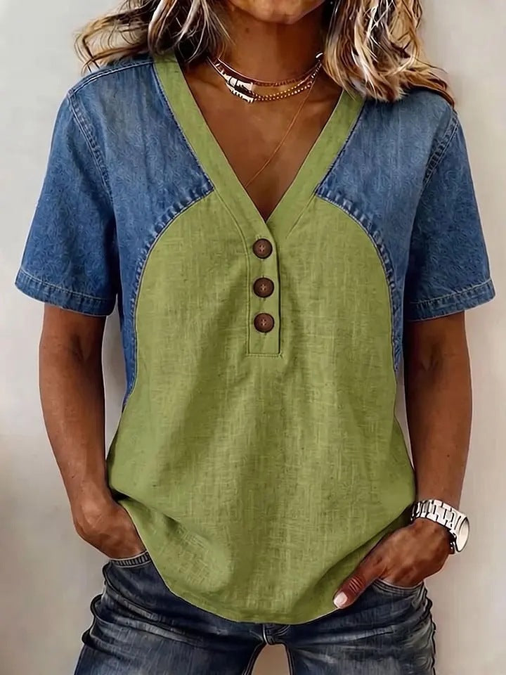 Women's Loose Denim Patchwork Color-Block T-Shirt