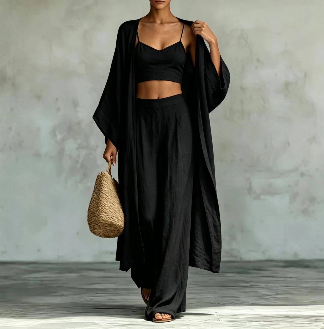 Loose Cardigan & Strap Top High Waist Wide Leg Pants Set – 3-Piece