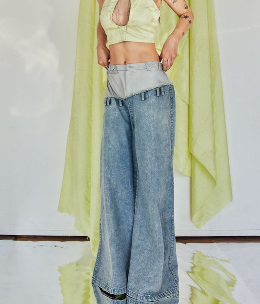 DAWANG Jun Wide-Leg Denim and Brocade Patch Jeans