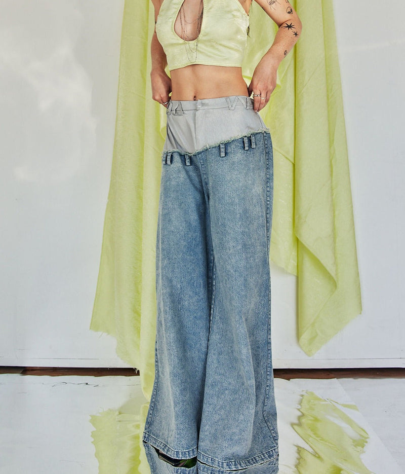 DAWANG Jun Wide-Leg Denim and Brocade Patch Jeans