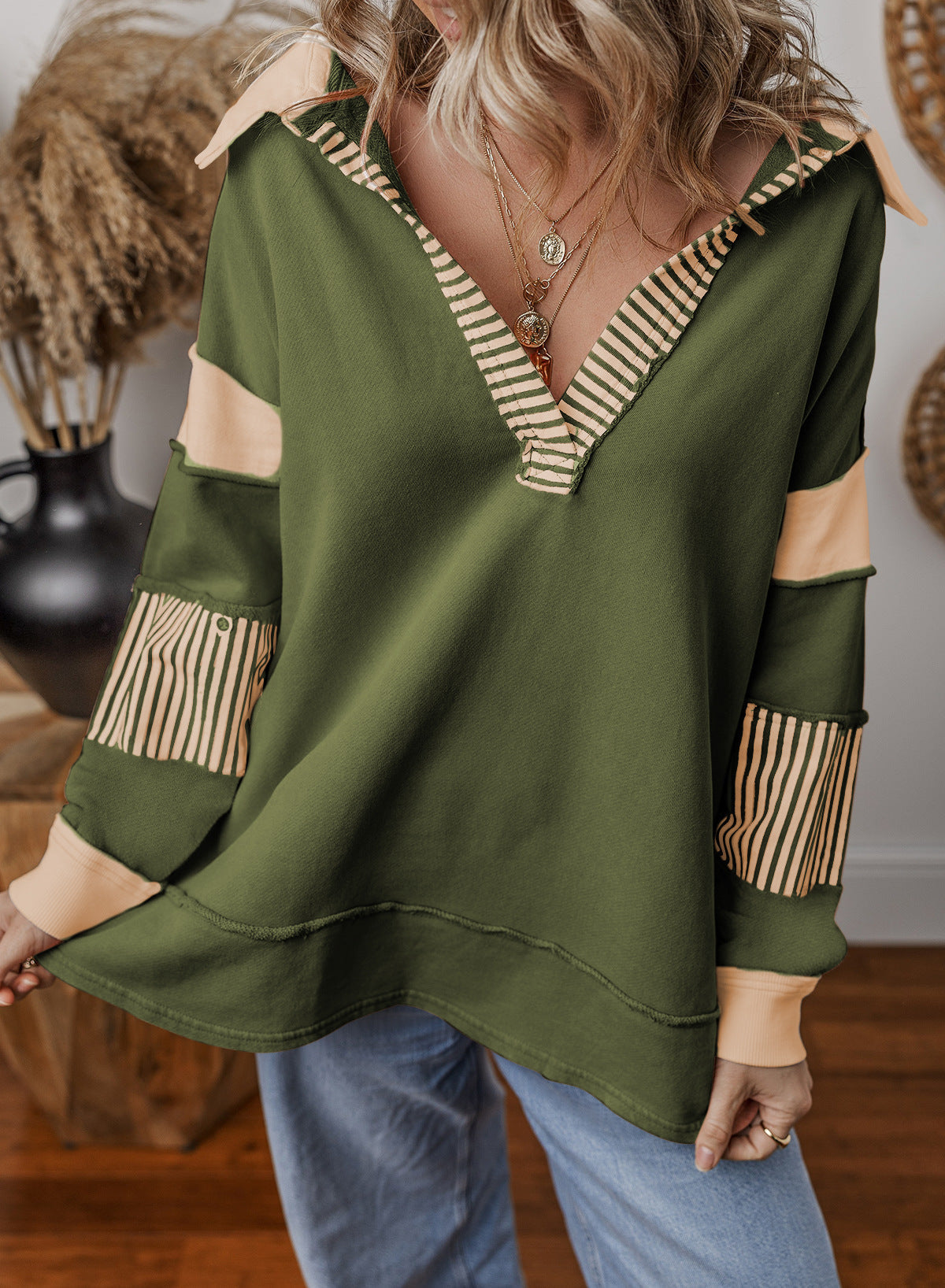 Stripe Color Block Deep V-Neck Loose Sweatshirt Top – Long Sleeve