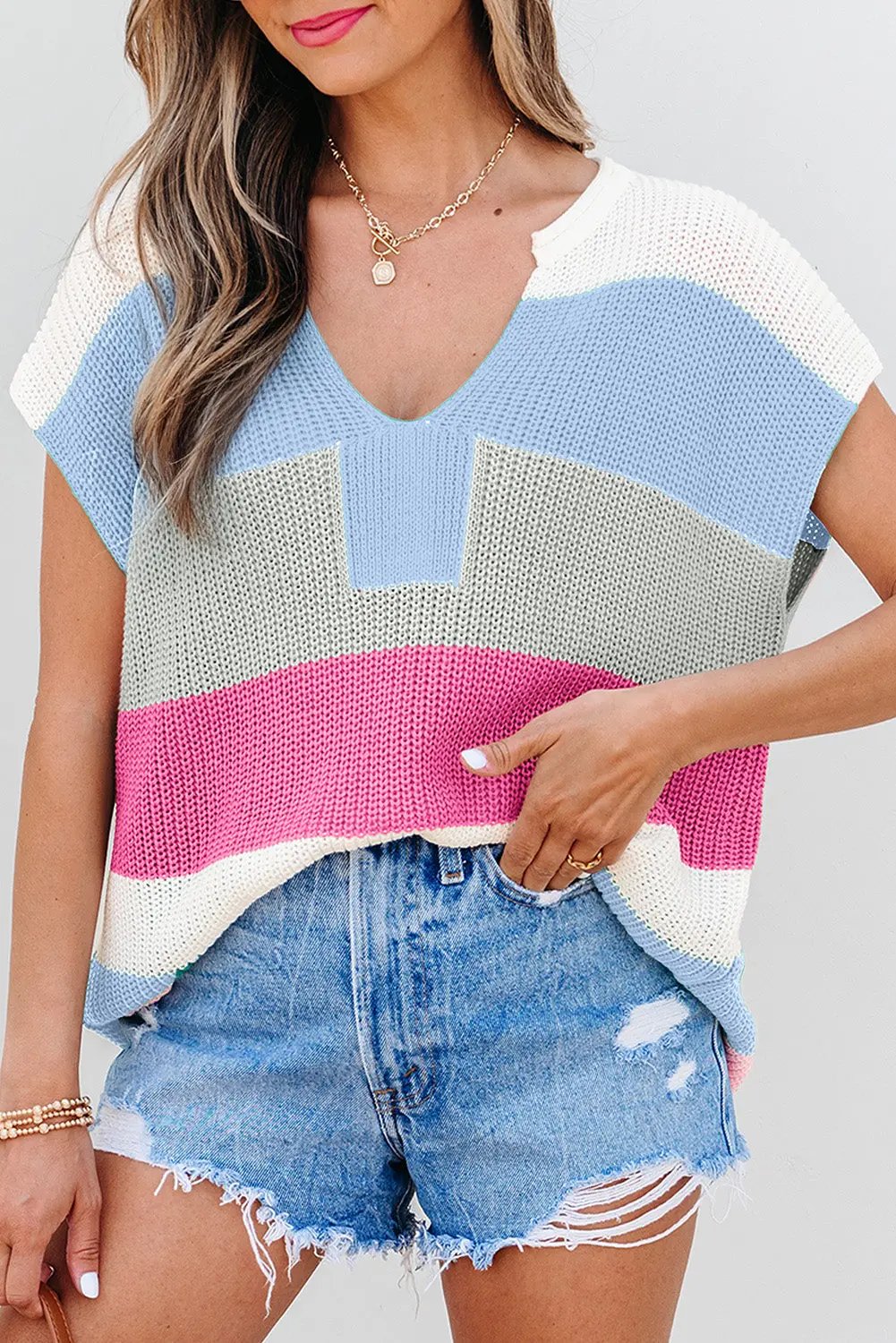 Love Salve Light Blue Color Block Women's Knit Tee: Daily Casual, V-Neck, Summer