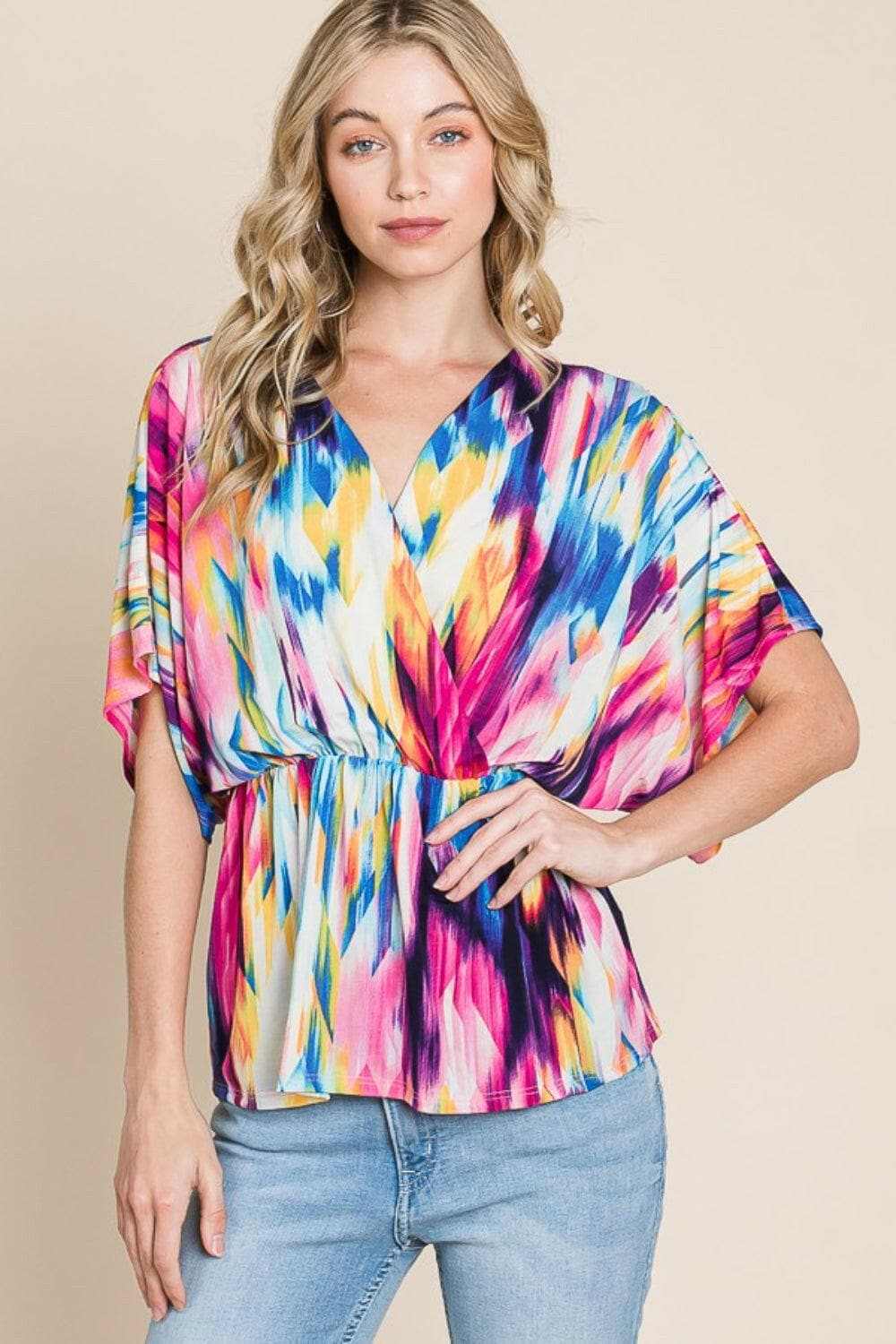 Trendsi BOMBOM Printed Surplice Peplum Blouse