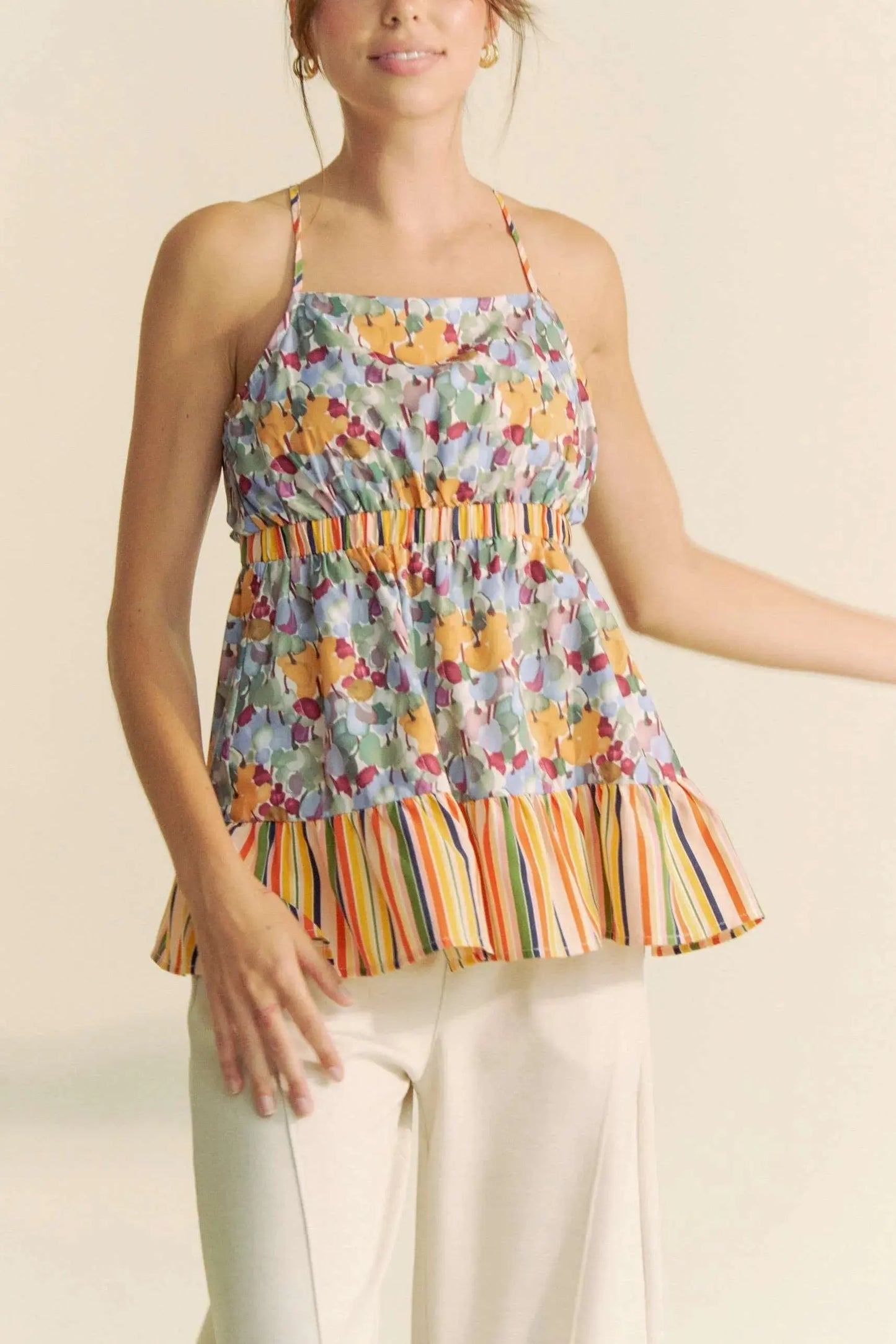 Tank Top - Floral Smocked Ruffle - Summer Casual Tie Back