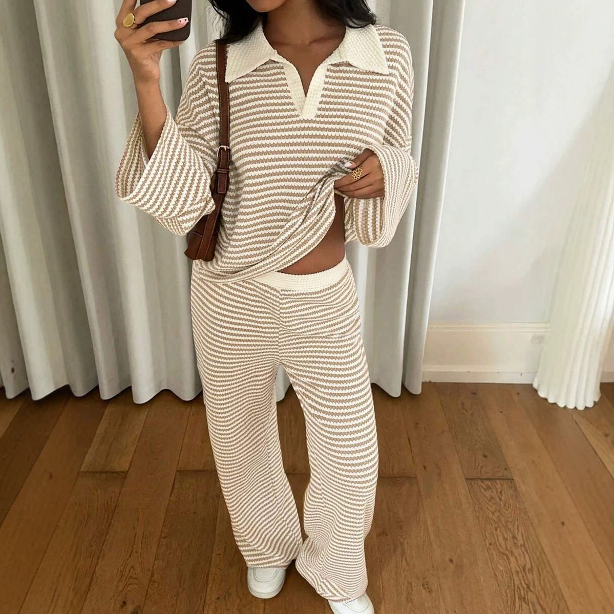 Women's Striped Wide Leg Pants Set – Long Sleeve Polo Crop Top & Trousers