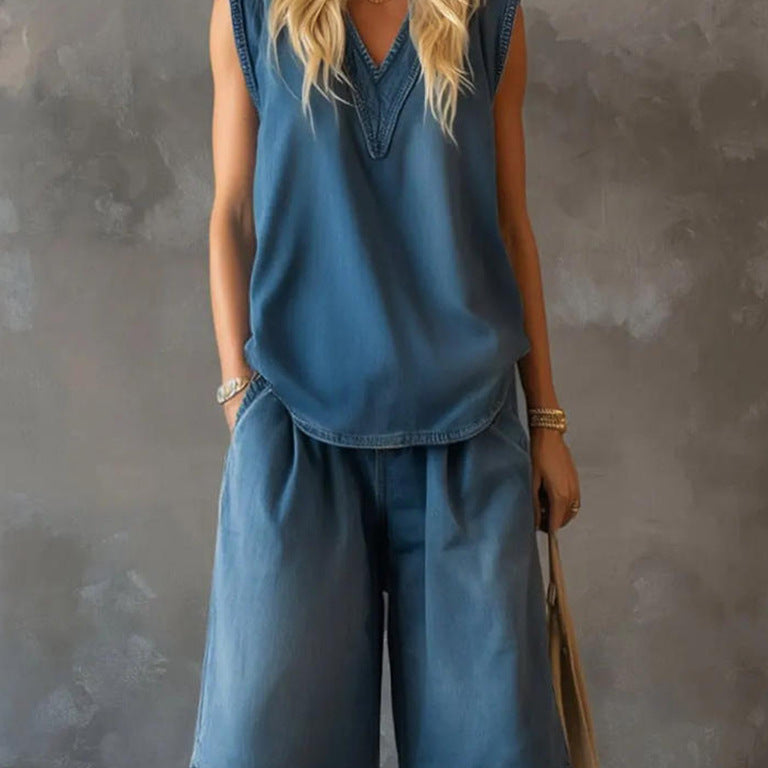 Women's V-Neck Sleeveless Loose Top & Wide-Leg Shorts Set
