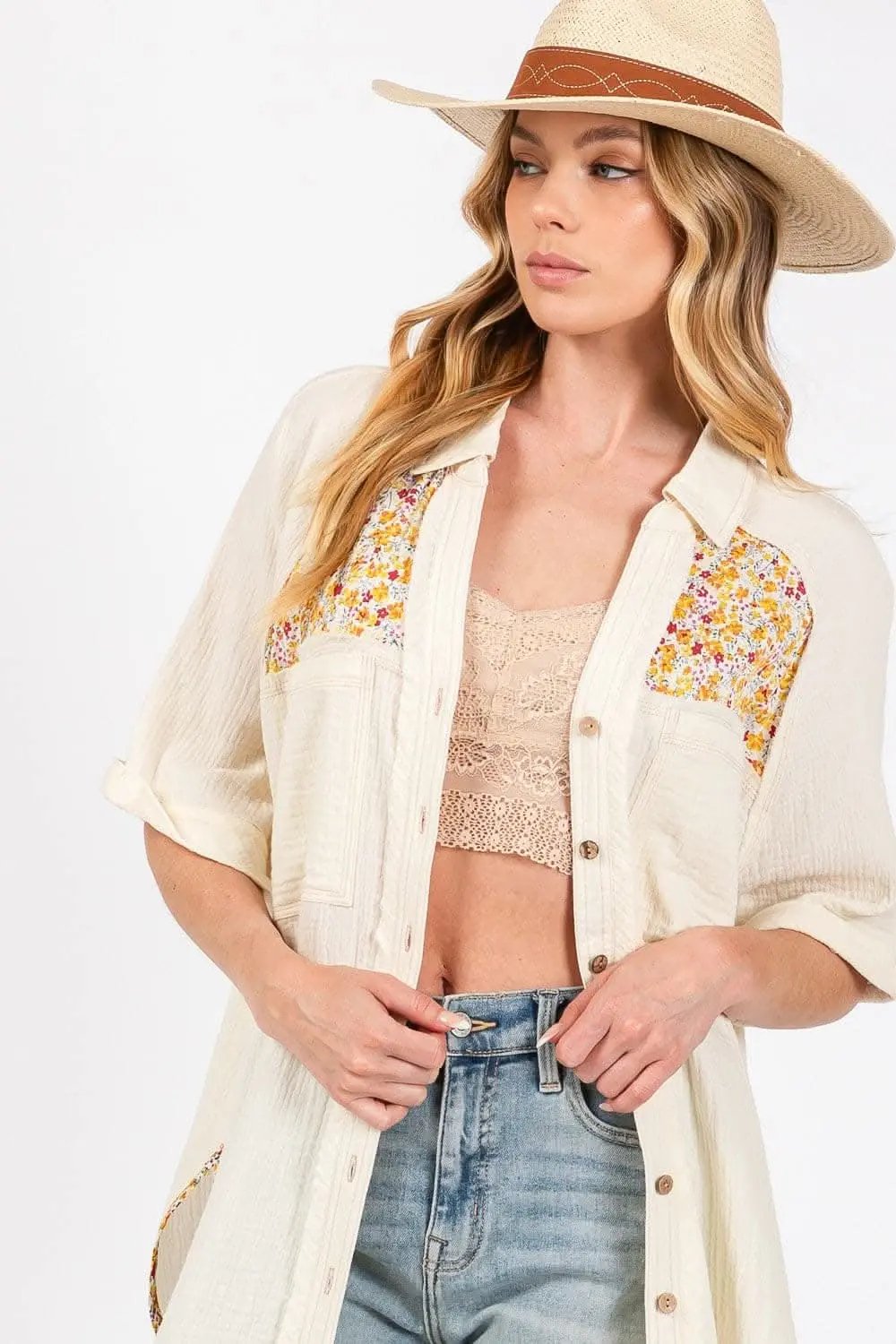 Trendsi Floral Button Up Women's Casual Shirt - Short Sleeve, Lightweight