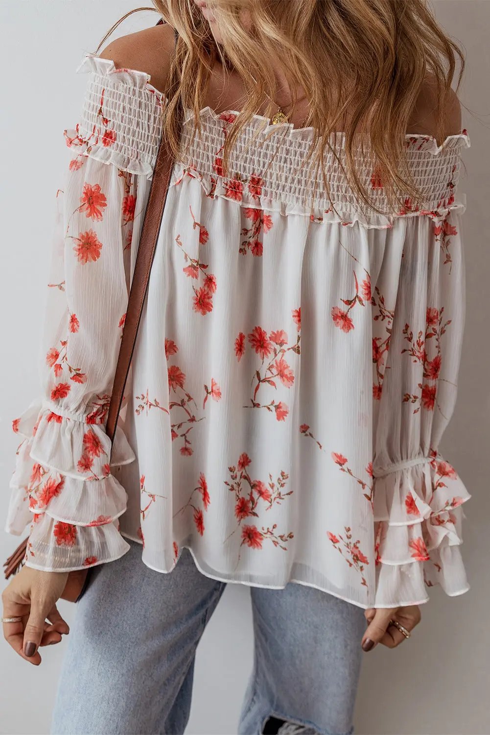 Blouse - Floral Ruffle Sleeve Off Shoulder - Daily Wear